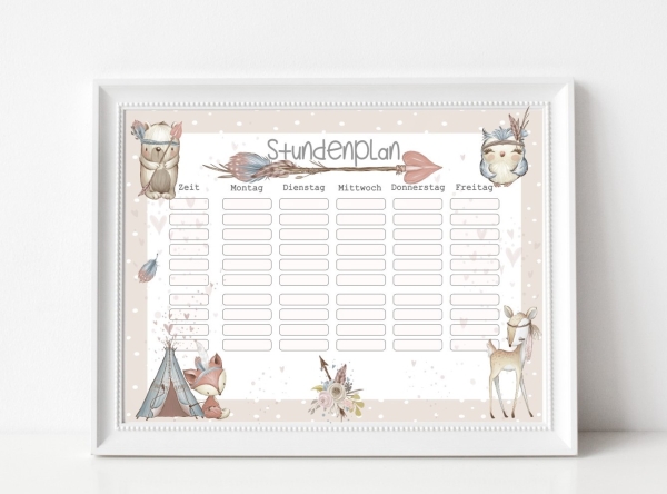 zuckersüßer Stundenplan, Indianer Waldtiere, personalisiert mit Deinem Wunschnamen, Print A4 Einschulung Klassenwechsel  von Lüttentüddel®